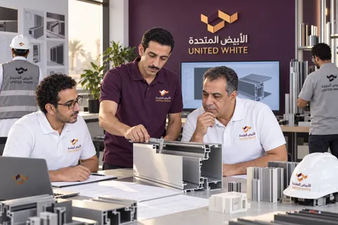 مشرف بزي بنفسجي داكن يقيس نموذج قطاع ألمنيوم بفرجار قياس، بينما يتابعه استشاريان بقمصان بيضاء على طاولة استوديو التطوير التي تحمل شعار الشركة.