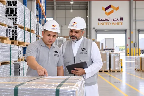 فريق الاستلام بزي الشركة وخوذات السلامة يتفحص منصة بضائع مغلفة بجوار قطاعات ألمنيوم مرتبة داخل صالة الاستلام بالمصنع.