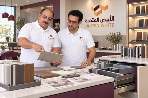 استشاريان بقمصان الشركة البيضاء يناقشان تفاصيل عينة تشطيب وبناء الدرج داخل المعرض لمساعدة العميل في اختيار المواصفات.