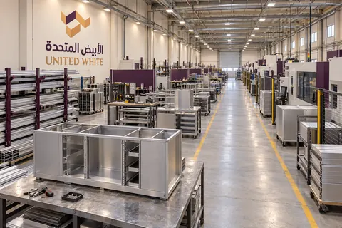 صالة تصنيع واسعة في مصنع الشركة تضم أرفف قطاعات الألمنيوم وماكينات تشغيل ومحطات تجميع، مع هيكل كابينة متعدد الأقسام أسفل لوحة الحائط الرسمية.