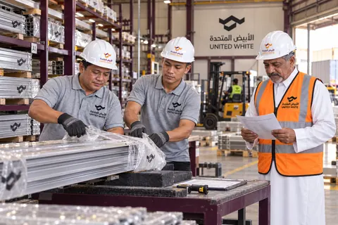 فحص قطاعات الألمنيوم الواردة والتأكد من مطابقتها للمواصفات بارتداء الخوذ البيضاء الواقية