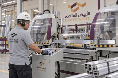 فني بقميص الشركة الرمادي وخوذة بيضاء وتجهيزات السلامة يشغل منشار ألمنيوم مزدوج الرأس من لوحة تحكم خارجية، خلف حواجز حماية شفافة مغلقة.