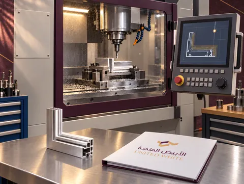 مركز تشغيل رقمي CNC مجهز بشاشة تحكم لتفريز وقص مقاطع الألمنيوم بدقة متناهية.