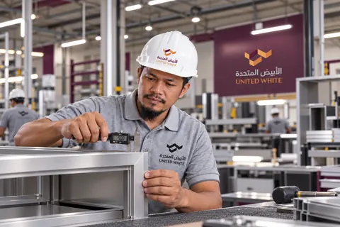 فني يرتدي خوذة بيضاء يقيس دقة زاوية مقطع الألمنيوم المشغول بواسطة قدمة رقمية.