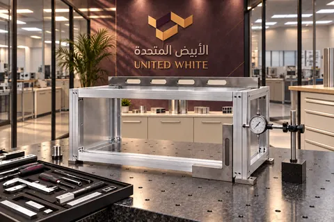 هيكل كابينة ألمنيوم على طاولة فحص مثقبة مع أدوات قياس دقيقة، داخل غرفة فحص محاطة بقواطع زجاجية وكبائن بلون عاجي دافئ ولوحة الشركة الرسمية.