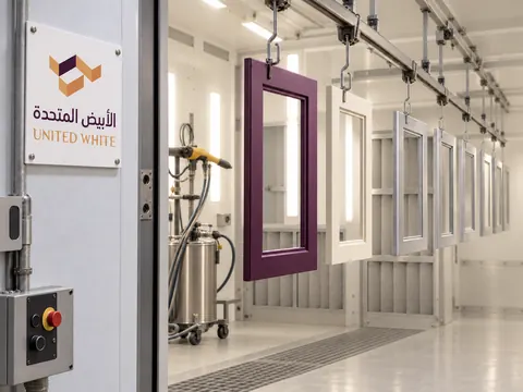 مقاطع ألمنيوم معلقة على حوامل معدنية داخل كابينة تطبيق الطلاء البودرة الكهروستاتيكي المقاوم.