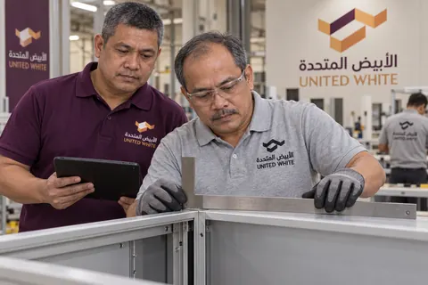 فني يدقق زوايا هيكل كابينة ألمنيوم بمسطرة وزاوية قياس هندسية، بينما يتابع مشرف بقميص بنفسجي داكن القياسات عبر جهاز لوحي.