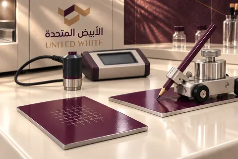 عينتا اختبار مطليتان بلون بنفسجي داكن بجوار شبكة فحص الالتصاق وأداة قياس صلابة الطلاء ومسبار سماكة الطبقات، داخل مختبر الجودة في الشركة.