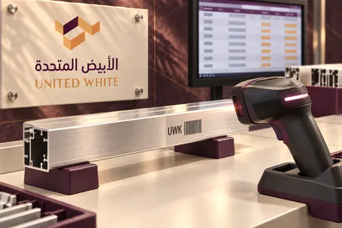 قطاع ألمنيوم مفرغ يحمل رمز تعريف يستند إلى دعامات بلون بنفسجي داكن، بجانب قارئ باركود وشاشة إدارة المخزون في ورشة الشركة.
