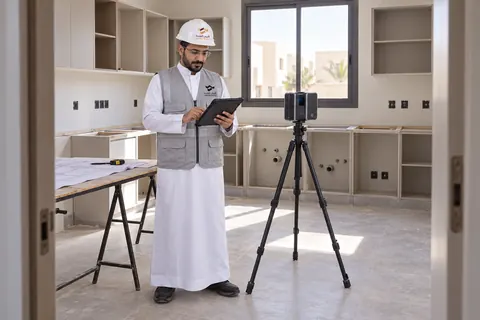 مهندس ميداني بالثوب وسترة وخوذة الشركة يعمل على جهاز لوحي بجوار ماسح ليزري، داخل مطبخ قيد التجهيز يوضح نقاط التمديدات ومخططات التنفيذ.