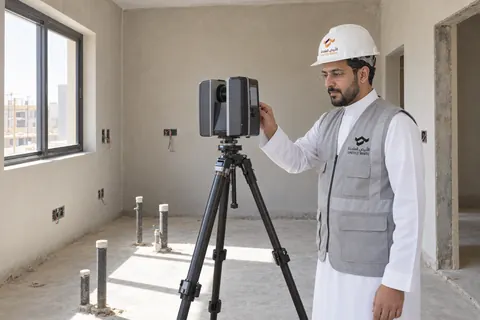 مهندس ميداني بالثوب وسترة الشركة وخوذة بيضاء يشغّل جهاز مسح ليزري على حامل ثلاثي، لرفع قياسات مطبخ قيد الإنشاء بدقة.