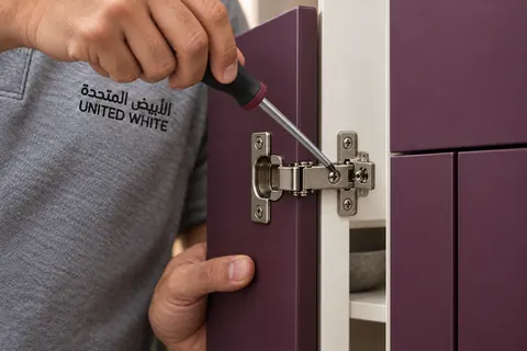 لقطة مقربة لضبط برغي المحاذاة في ذراع المفصلة المعدنية بمفك يدوي، أثناء تثبيت باب كابينة بنفسجي داكن على هيكل الكابينة الأبيض.