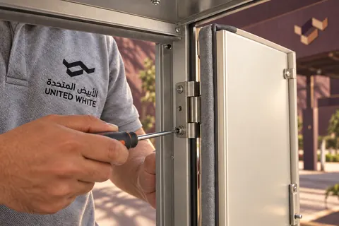 لقطة مقرّبة من داخل خزانة ألمنيوم تُظهر فنياً من الشركة يضبط برغي المفصلة بجوار إطار العزل الرمادي المحيط بالدرفة.