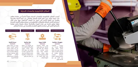 صفحة من الكتيب التعريفي المطبوع الأصلي للشركة، تعرض المعدات الإلكترونية ودقة أساليب الإنتاج بجانب عمليات قص وتجهيز المعادن.