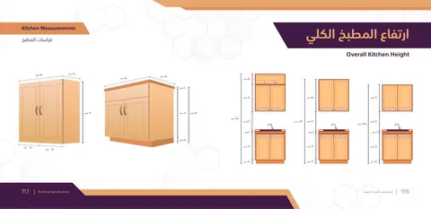 صفحة توثيقية من البروفايل المطبوع تستعرض تفاصيل فنية ومواصفات تشغيلية للمطابخ السكنية المكتملة.