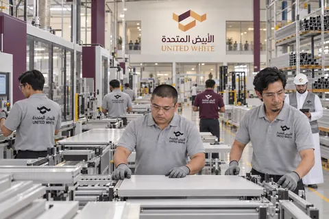 فنيان بقميص الشركة الرمادي يضبطان موضع لوح كابينة على خط إنتاج واسع، وسط قطاعات ألمنيوم منظمة ومعدات تصنيع مغلقة.