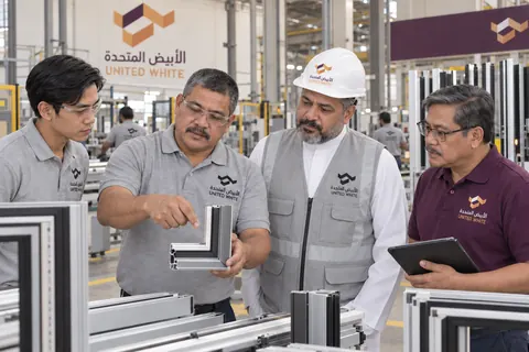 فريق عمل يضم فنيين ومشرفاً بقميص بنفسجي داكن ومهندساً بالثوب وسترة السلامة، يتفحصون عينة قطاع زاوية ألمنيوم في صالة الإنتاج بالمصنع.