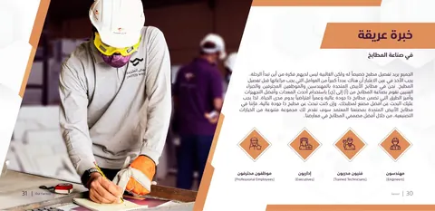 صفحة من الكتيب التعريفي المطبوع الأصلي للشركة، تستعرض خبرات التصنيع وتظهر فنياً يقوم بقياس وتحديد أبعاد أحد الألواح بدقة.