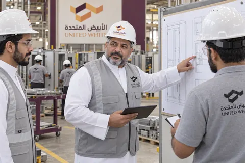 مهندس بسترة الشركة وخوذة بيضاء يشرح تفاصيل واجهة الخزائن على مخطط هندسي موسع، وسط متابعة أعضاء الفريق في المصنع.