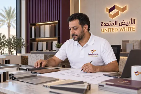 استشاري مبيعات بقميص الشركة الأبيض يدرس عينات تشطيب الألمنيوم ومخطط مطبخ على مكتب تصميم، داخل صالة عرض تضم لمسات بنفسجية.