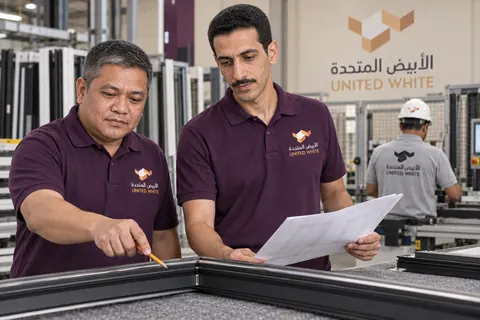 مشرفان بقمصان الشركة البنفسجية الداكنة يطابقان زاوية هيكل ألمنيوم مع مخطط هندسي على طاولة تصنيع، بينما يشير أحدهما إلى الوصلة بقلم رصاص.