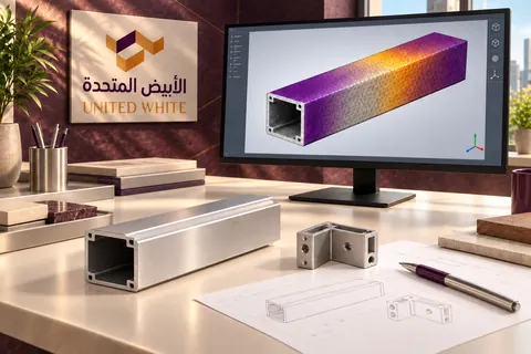 قطاع ألمنيوم ووصلة زاوية داخلية على مكتب التطوير بجانب شاشة تعرض مقطعاً هندسياً ثلاثي الأبعاد، مع لوحة تعريفية للشركة.