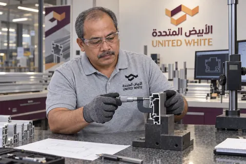 فني بقميص الشركة الرمادي ونظارات واقية يقيس أبعاد قطاع ألمنيوم بميكرومتر دقيق، على طاولة معايرة تضم مخططات هندسية ومقياس ارتفاع.