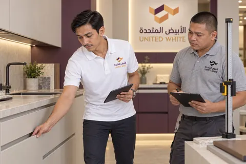 استشاري مبيعات بقميص الشركة الأبيض يختبر إحكام مقبض درج مدمج، بينما يدوّن فني الملاحظات بجوار مقياس ارتفاع رأسي في استوديو التطوير.