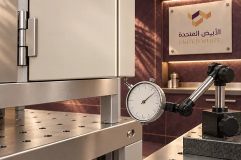 مؤشر قياس دقيق مثبت على حامل مفصلي يلامس الحافة السفلية لباب كابينة بلون عاجي دافئ، داخل منصة اختبار متخصصة تحمل شعار الشركة.