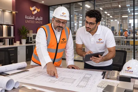 تدقيق المخططات الهندسية للمطابخ مع استشاري المشروع في مكتب المصنع لضمان دقة التنفيذ