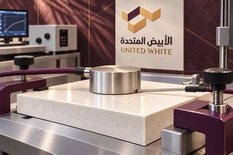 قرص معدني ساخن يستقر على عينة حجرية مثبتة بإحكام بجانب مجس حراري، داخل منصة اختبار تحمل شعار الشركة لتقييم التحمل الحراري.