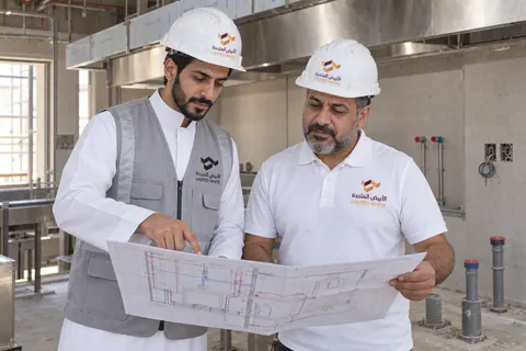 مهندس ميداني بالثوب وسترة الشركة وخوذتها يراجع مخطط التمديدات الصحية والكهربائية مع استشاري بقميص الشركة الأبيض في موقع قيد التجهيز.