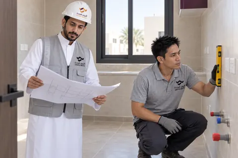 مهندس ميداني بسترة الشركة وخوذة السلامة يراجع مخطط المطبخ، بينما يتحقق فني من استواء الجدار بميزان تسوية مائي بجوار نقاط التغذية المعزولة.