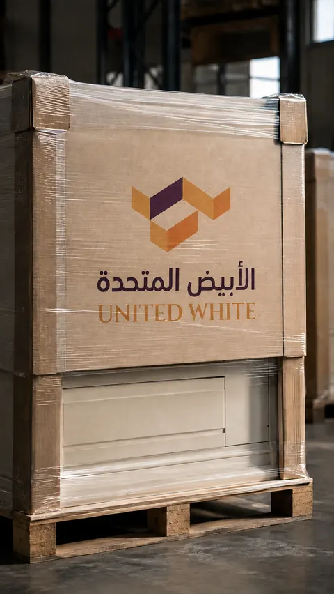 صناديق كرتونية مقواة ومغلفة بإحكام تحمل شعار الشركة لحماية كبائن المطبخ أثناء الشحن.