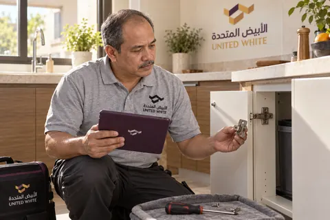فني صيانة بقميص الشركة الرمادي يتفحص قاعدة تثبيت مفصلة وبيده جهاز لوحي، بجوار خزانة مطبخ عاجية مفتوحة وأدوات يدوية على صينية واقية.