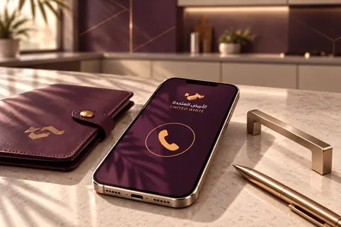 هاتف ذكي يعرض شاشة التواصل المباشر مع الدعم الفني للشركة بجانب ملف التوثيق ومقبض منفصل على سطح العمل.