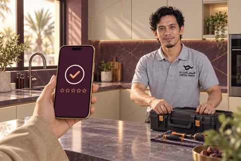 عميل يحمل هاتفاً يعرض إشعار إتمام الزيارة ونجوم التقييم، بينما يغلق فني الصيانة حقيبة أدواته خلف سطح العمل في مطبخ بواجهات بلون بيج رملي دافئ.